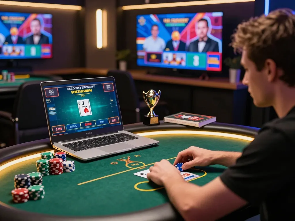 Engaging online poker game at home with dola789 logo displayed on the gaming screen and focused player preparing bets.