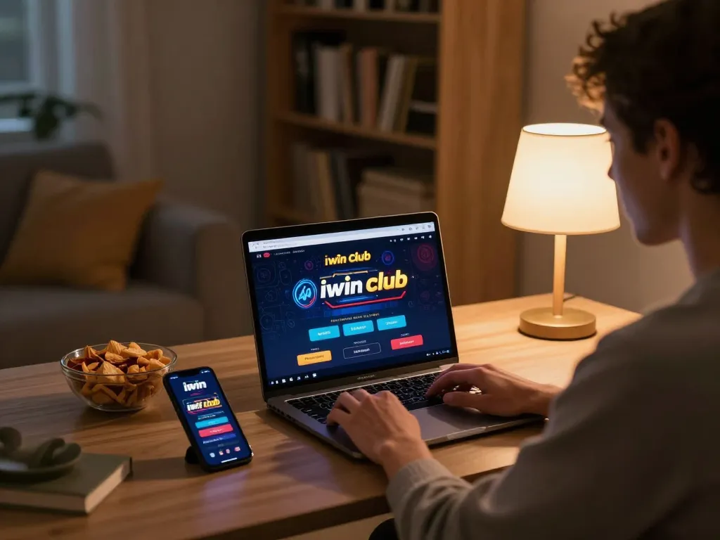 Engaging with the iwin club online gaming interface in a cozy home environment.