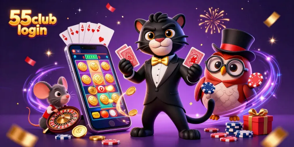 Experience fun with 55 club login featuring dynamic casino characters and games in an engaging scene.