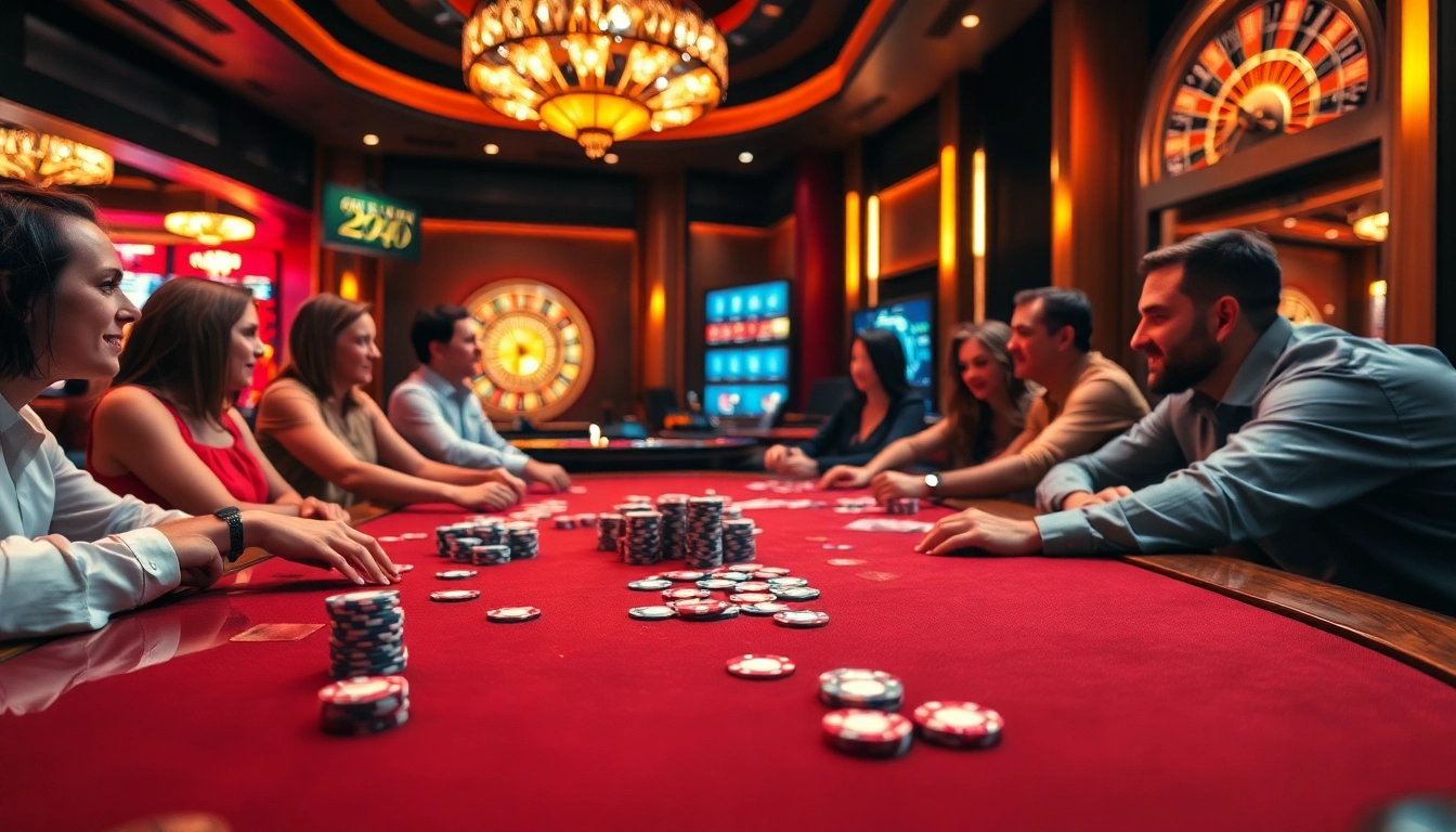 Players enjoy an exciting poker game at bl555.casino, surrounded by vibrant casino designs and rich atmospheres.