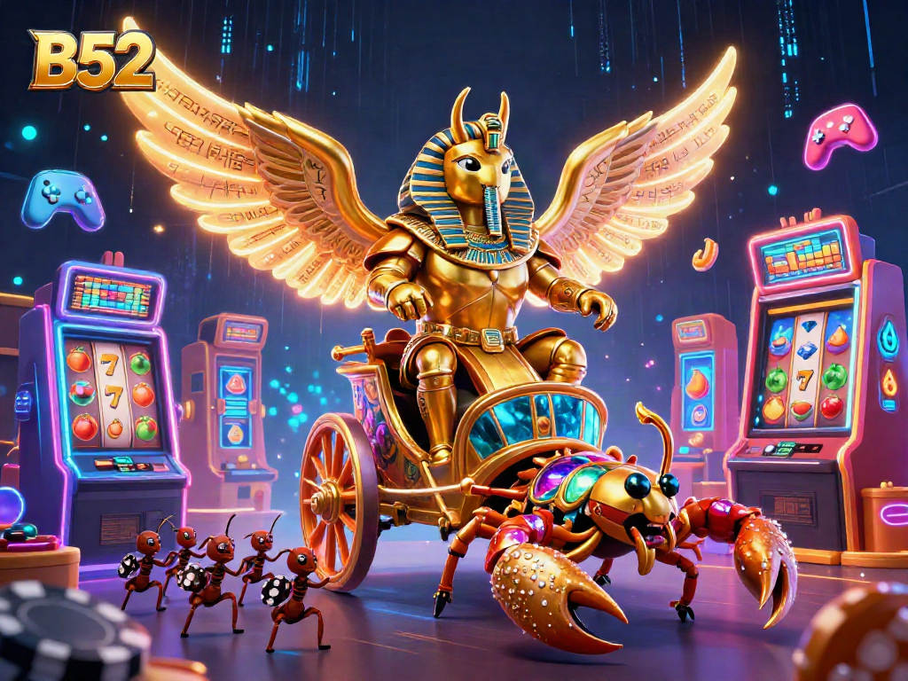 Experience thrilling B52 slots with vibrant neon elements and intricate details in this 3D illustration.