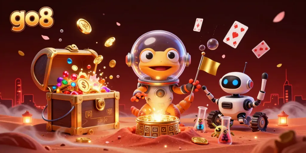 Experience the thrilling world of go8 with a Martian gecko exploring a golden casino filled with treasures.