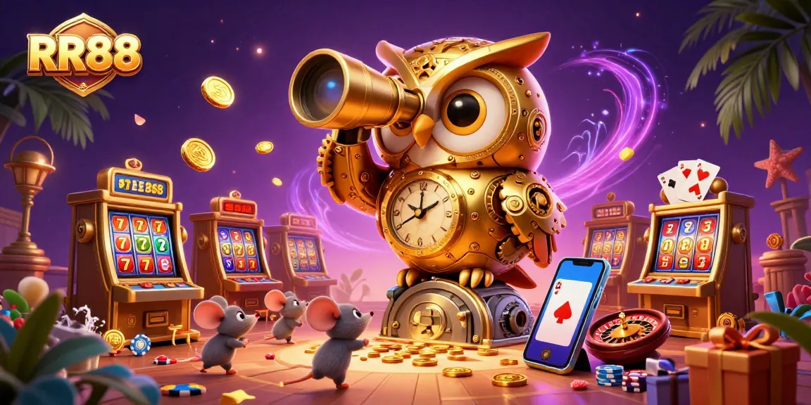 Experience RR88 with a vibrant 3D illustration showcasing a golden owl and engaging game elements for immersive fun.