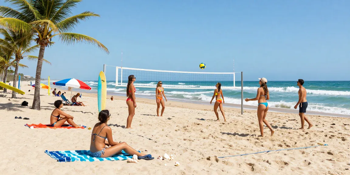 Friends in vibrant bikinis enjoying beach volleyball and sunbathing at BIKINISLOT beach.