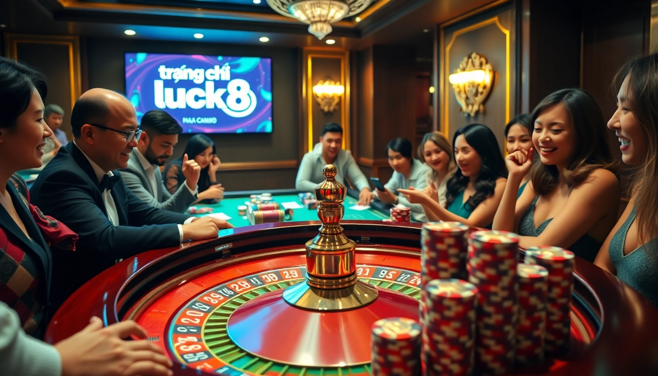 Experience the thrill of gambling at trang chủ luck8 with energetic players at a roulette table.