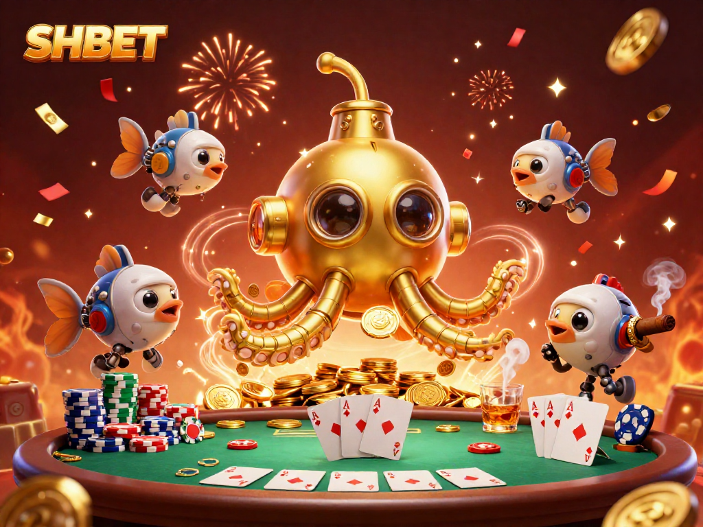 Engage in thrilling SHBET experiences surrounded by golden coins and vibrant poker elements.