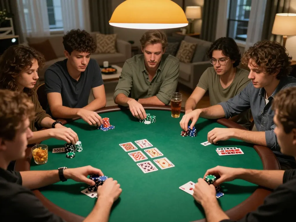 This scene illustrates friends enjoying a poker game at home, emphasizing social bonding and strategy with 58wiin integration.
