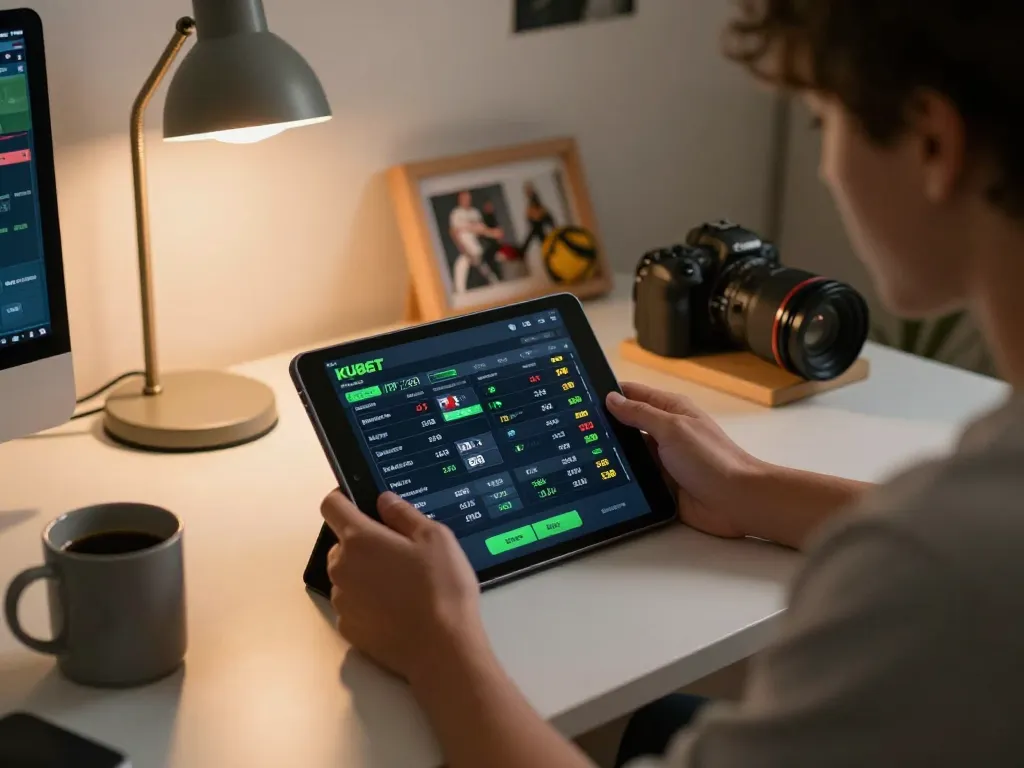 KUBET user engaging in strategic sports betting with tablet at modern home setup.