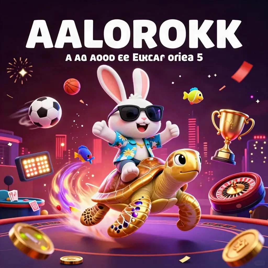 Lucky rabbit on a golden sea turtle amid casino lights, coins, sports balls and fireworks.