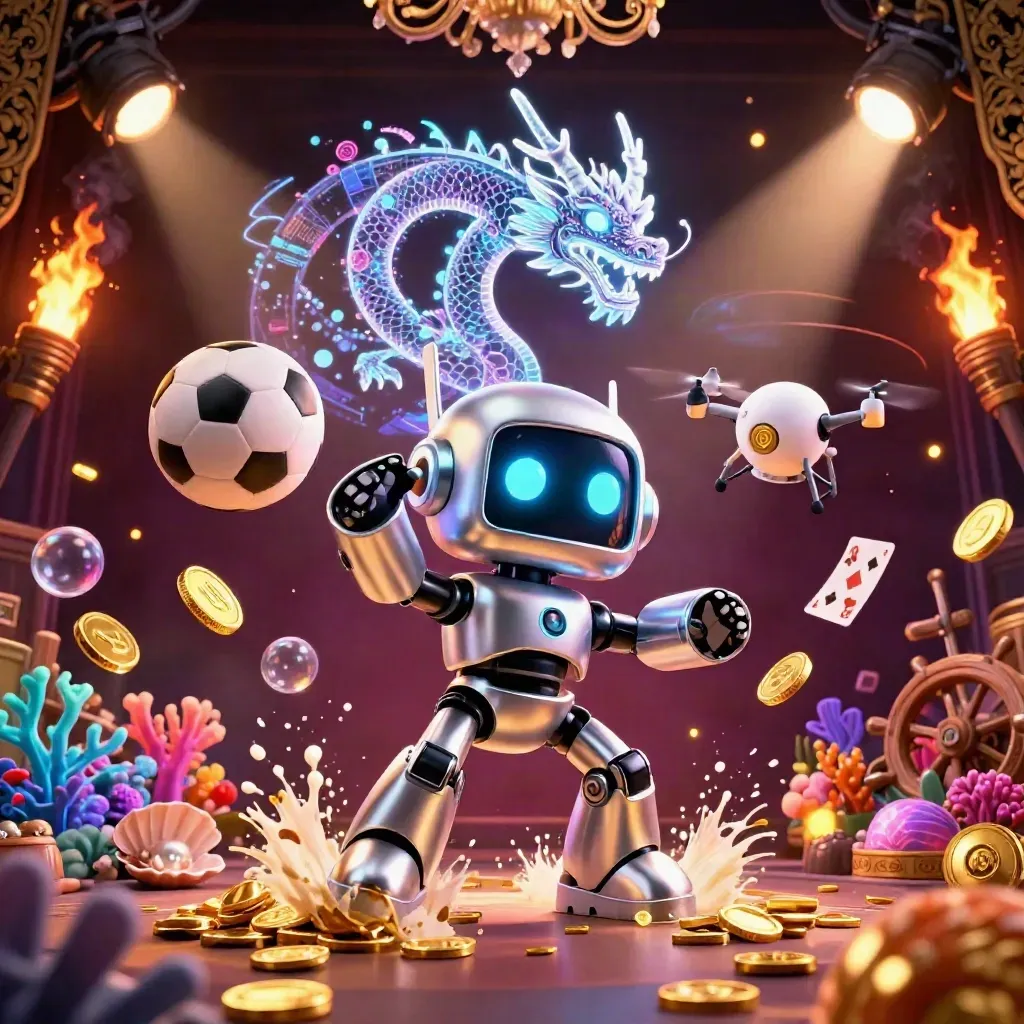 Cyberpunk robot, holographic dragon and coin drone amid gold coins, balls, coral and treasure glow.