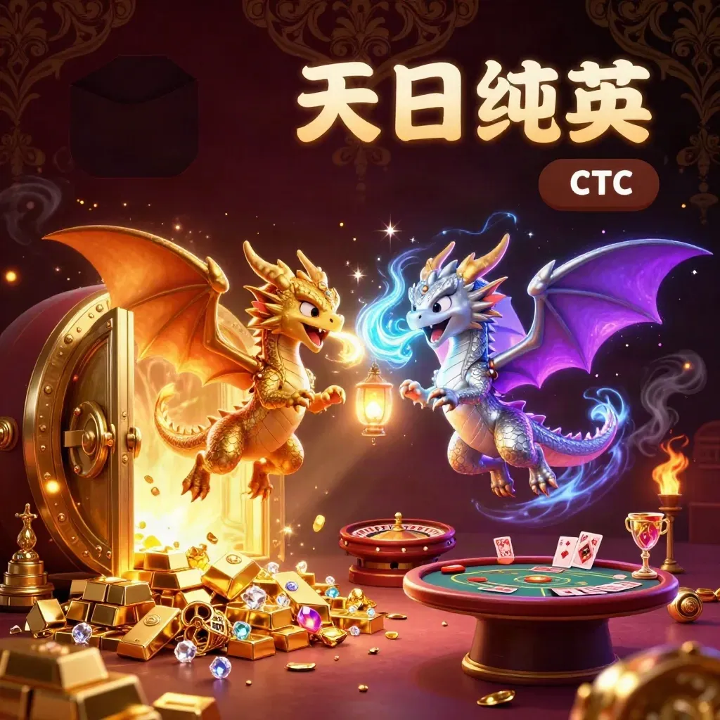 Twin gold and silver dragons spiral around treasure, vault light, cards, and casino glow.
