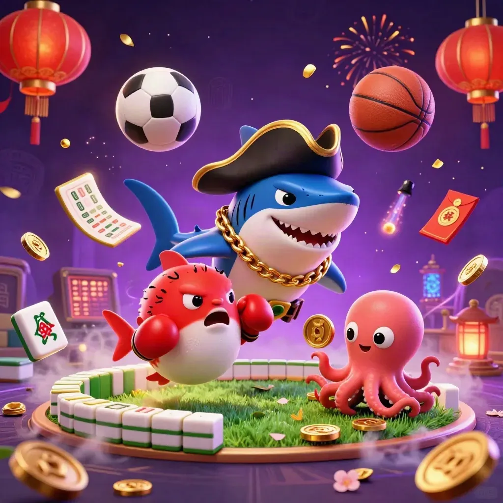 Cartoon pirate shark, pufferfish and octopus amid flying balls, coins and neon casino effects.