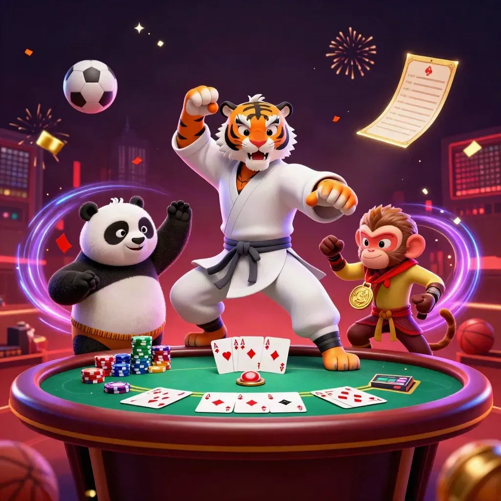 Tiger, panda and monkey amid casino chips, cards, and sports balls in neon 3D key art