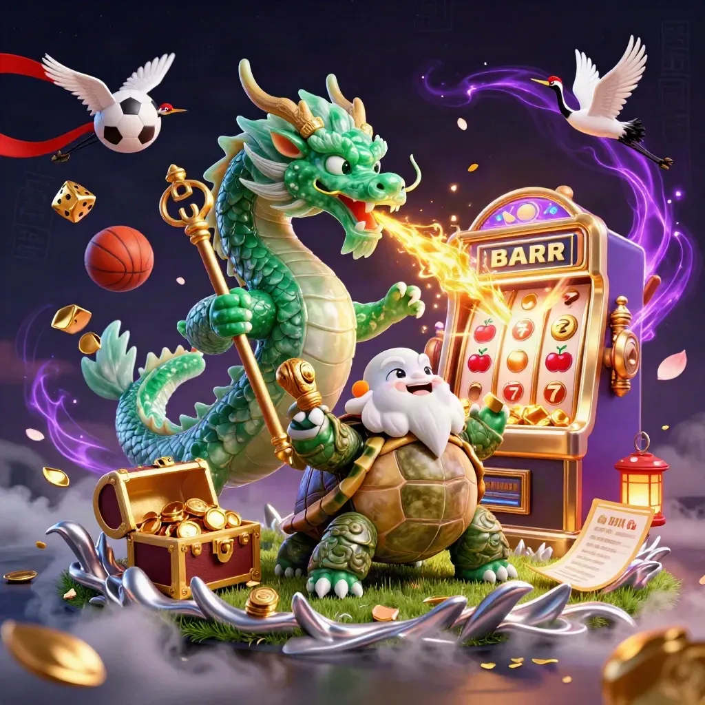 Jade dragon, turtle sage, cranes, casino burst, balls, gold, and magic in a neon space.