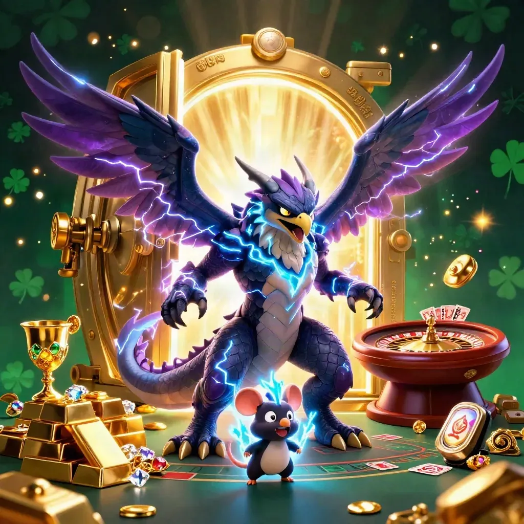Thunder dragon, wind hawk, and thunder-mouse amid gold vault treasure and casino glow.