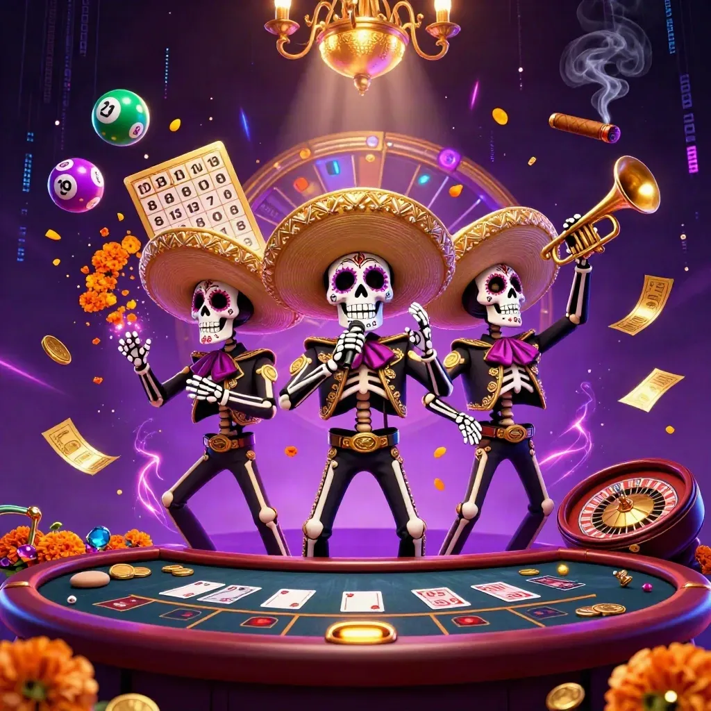 Skeleton mariachi trio amid casino lights, prize wheel, bingo card, and neon energy