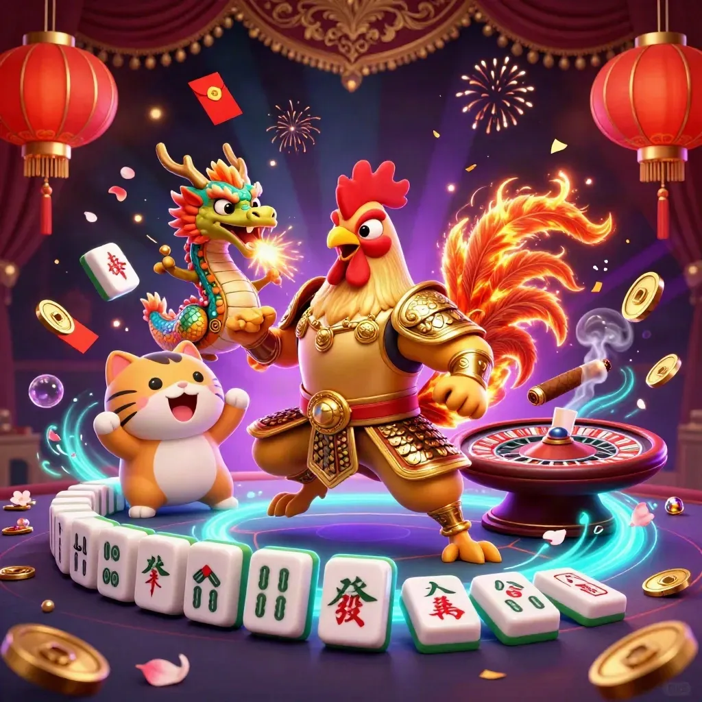 Rooster warrior, dragon hatchling and fortune-cat in a luxe live casino room with gold and purple glow