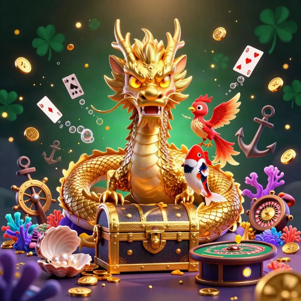 Golden dragon with phoenix and koi over casino treasure in a dark emerald glow.