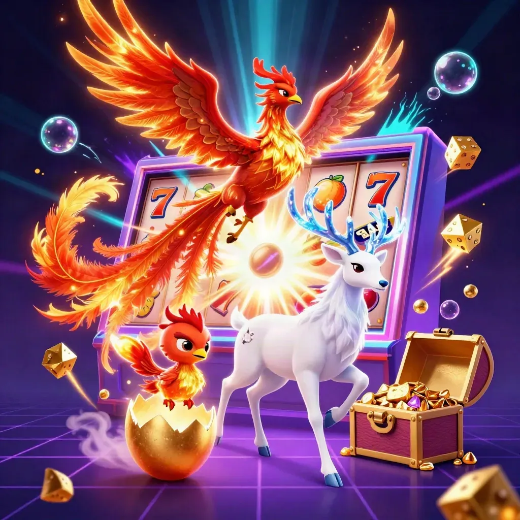 Phoenix, baby phoenix, and crystal-antler stag amid exploding jackpot slot machine and treasure