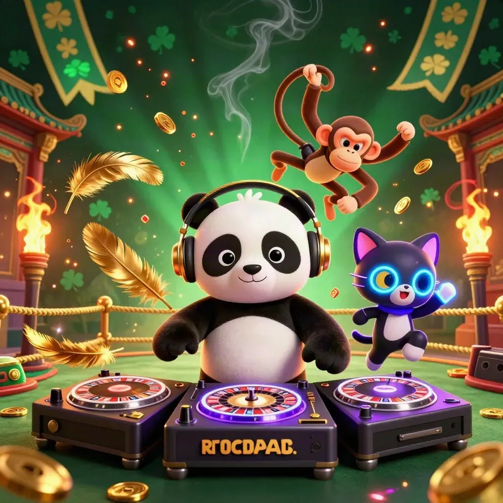 DJ panda, dancing monkey, and glow kitten in a neon casino battle scene
