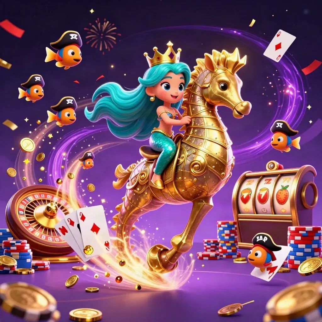 Mermaid princess on armored seahorse amid pirate fish, coins, gems, chips, roulette, cards, and neon magic