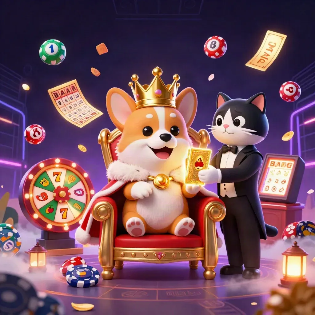 Royal corgi king and cat butler amid neon casino treasure bursts and spinning prizes