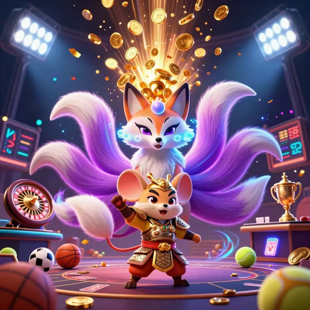 Neon fox spirit and armored mouse amid coins, fireworks, sports balls, and casino relics.
