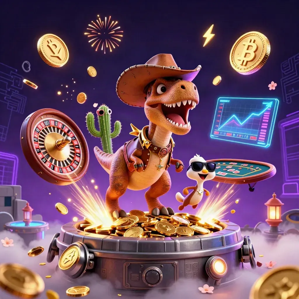 Cowboy T-Rex, cactus and roadrunner amid exploding coins, neon crypto symbols and casino props.