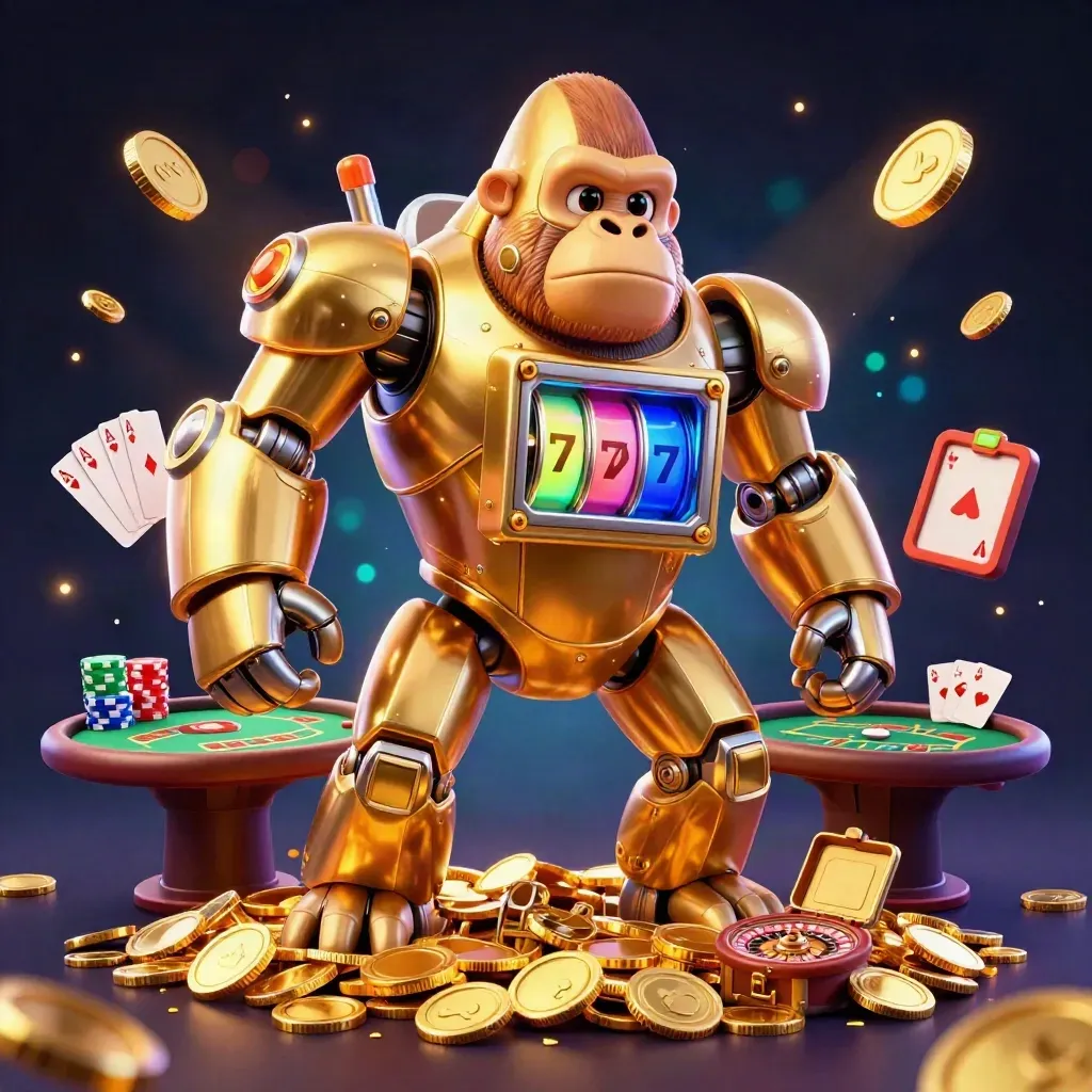 Golden gorilla mech with monkey pilot, casino cards, chips, coins, and a neon vault burst