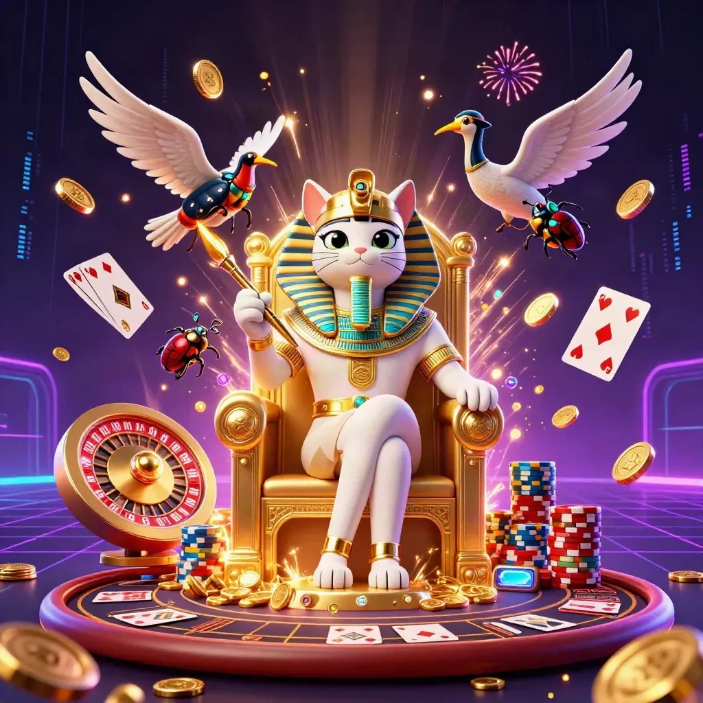 Pharaoh cat, ibis scribe and gem-wing scarabs amid coins, chips and neon casino effects