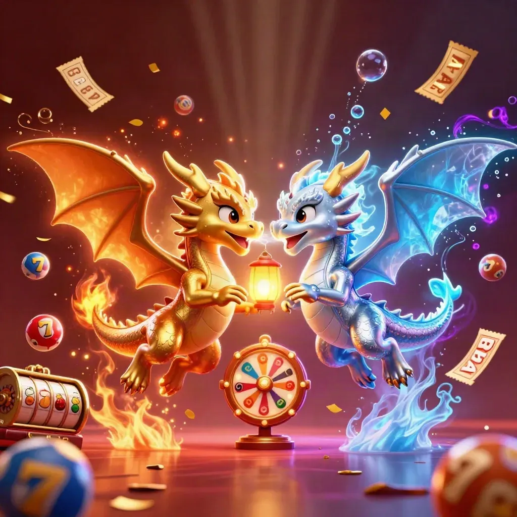 Twin gold and silver dragons with casino symbols swirling in neon fire-and-ice energy.