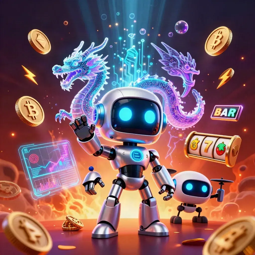 Chrome robot, particle dragon, and coin drone amid neon casino symbols and glowing effects.