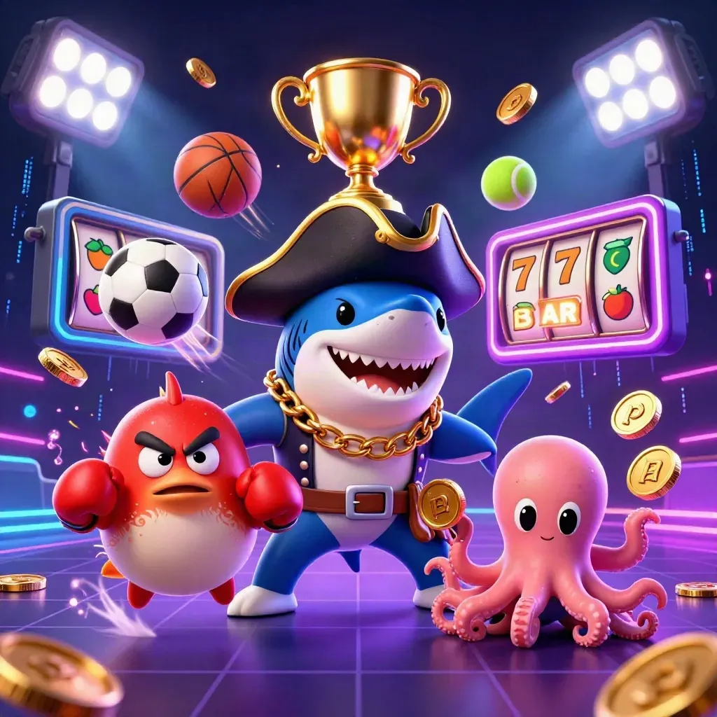 Pirate shark, boxing pufferfish and juggling octopus amid coins, slots and neon casino effects.