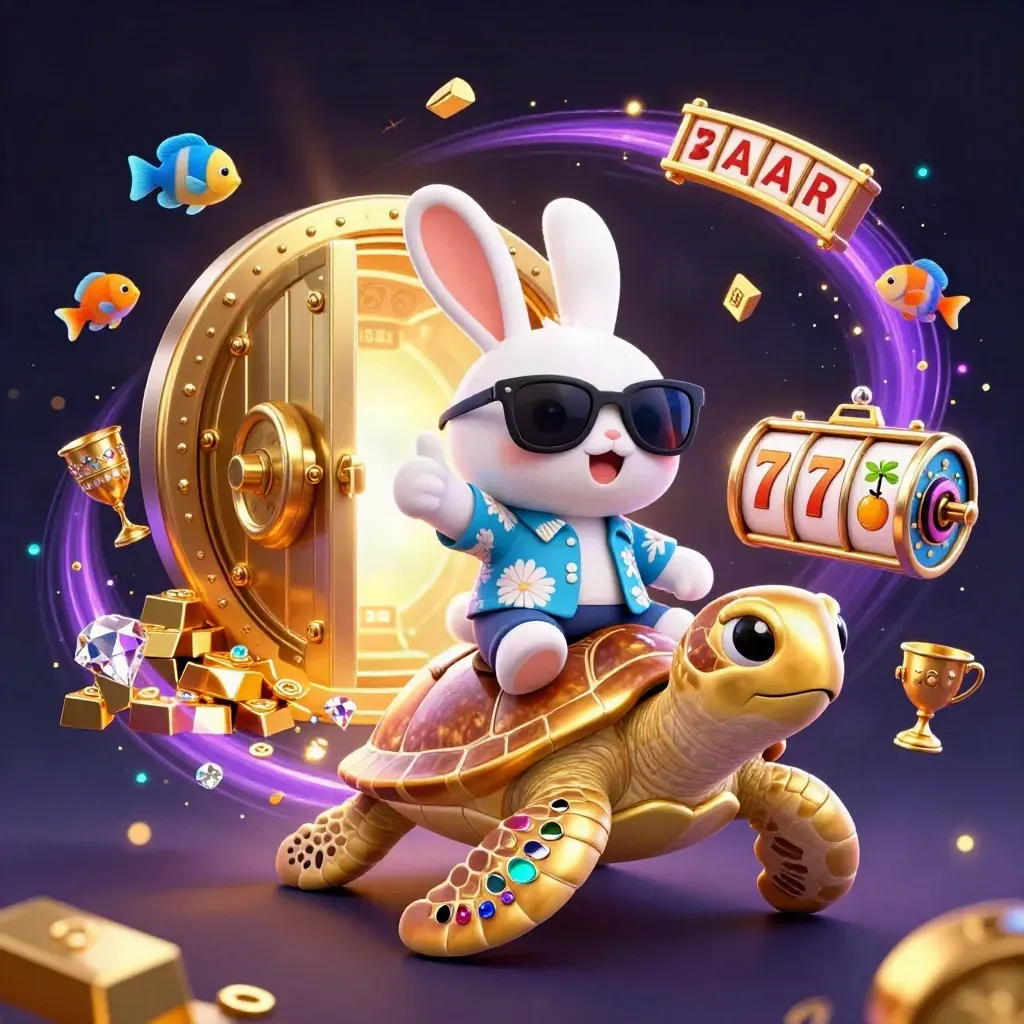 Rabbit on a golden turtle bursting from a vault with coins, gems, reels, and magical light.