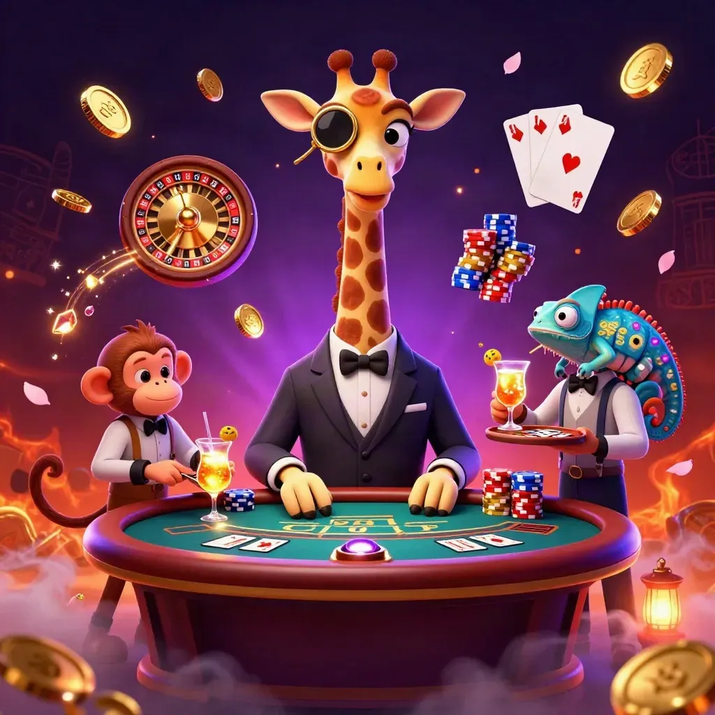 Giraffe high-roller, monkey valet, and chameleon bartender amid chips, coins, and a spinning roulette wheel.