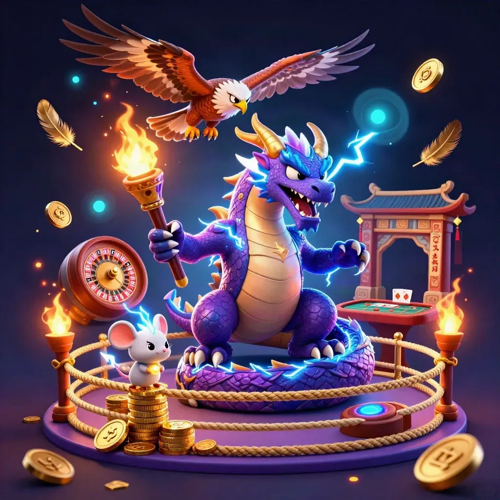 Thunder dragon, glowing hawk and static mouse amid casino tokens, roulette wheel and neon sparks
