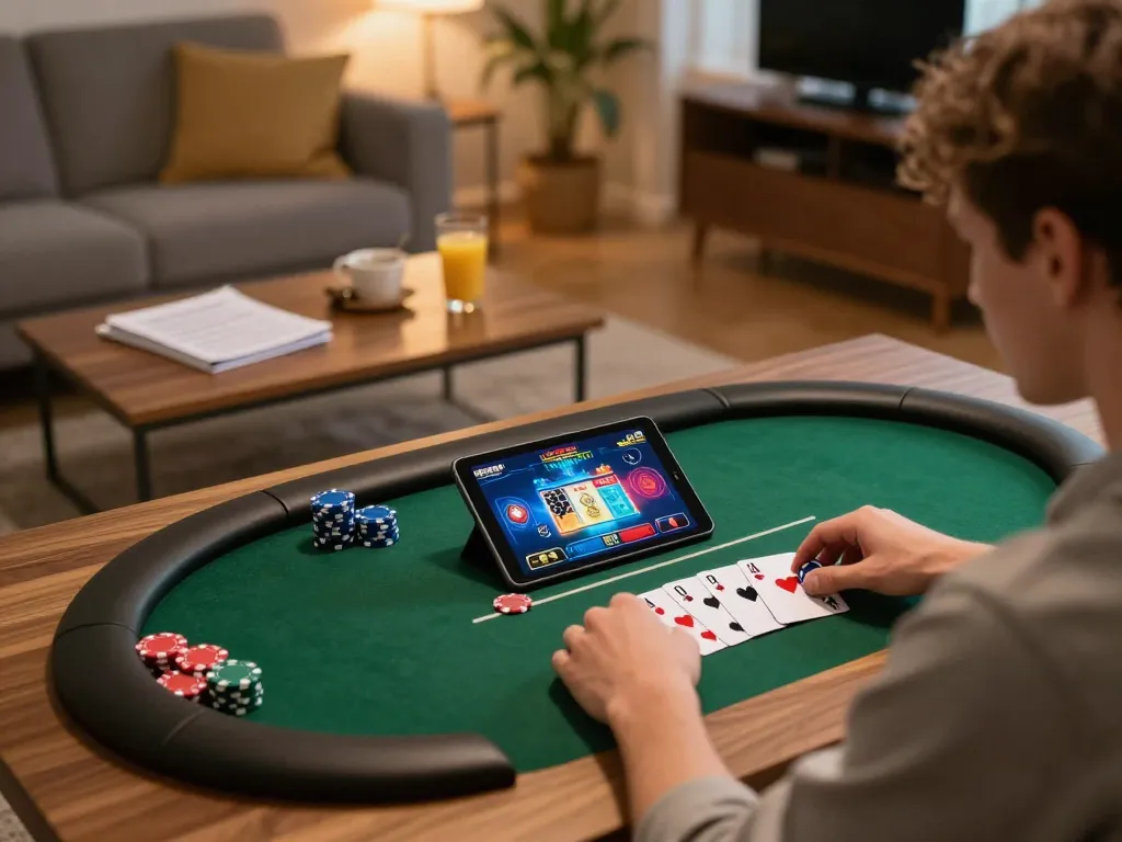 Engaging online poker game on f8betlv tablet with betting notes in cozy home atmosphere.