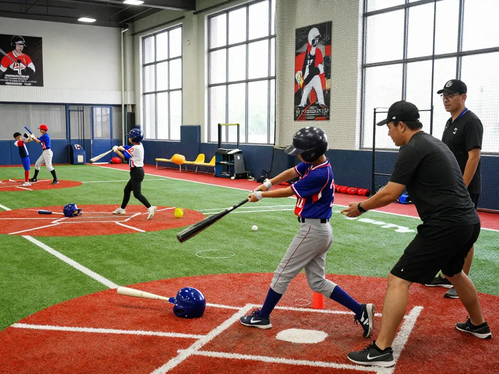 Young athletes training at hitclub baseball facility, practicing hitting techniques with coaches in action