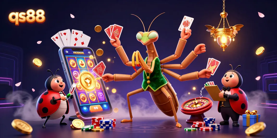 Experience the excitement at qs88 with a giant praying mantis card sharp and vibrant gaming elements in a lively casino scene.
