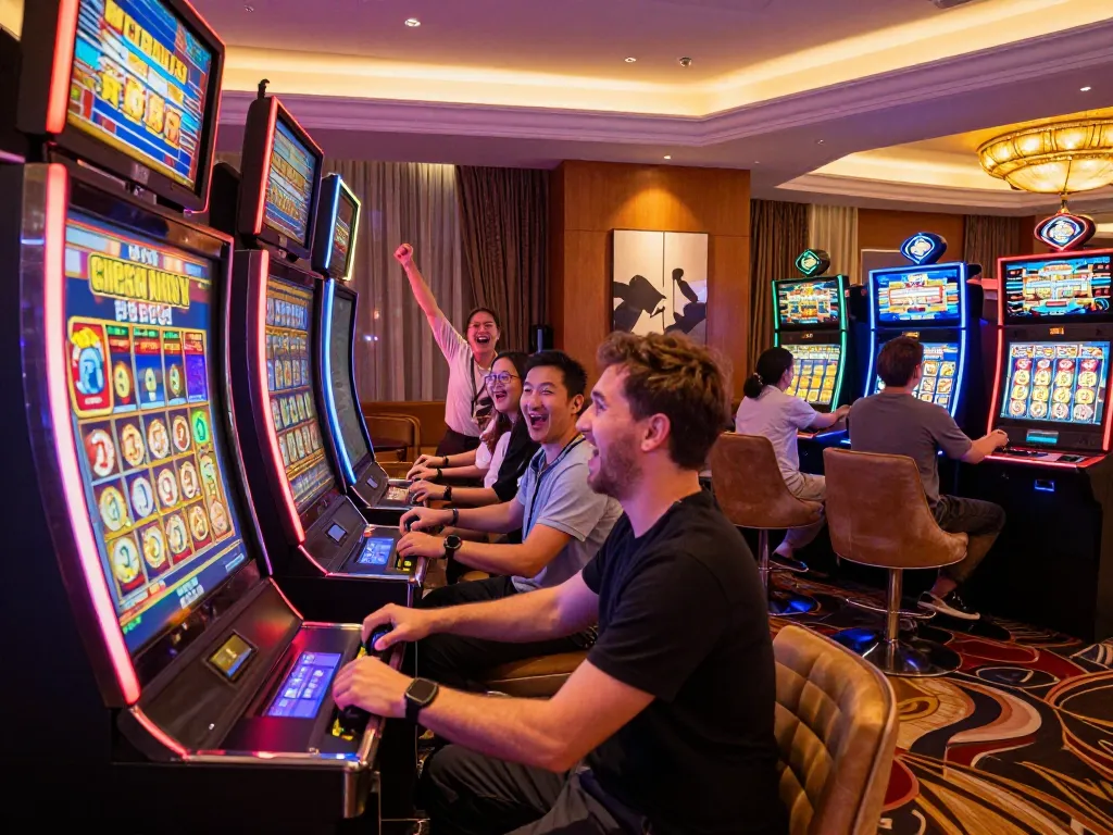 Engaging players at FIVE88 slot machines, showcasing vibrant atmosphere and thrilling gaming experience.