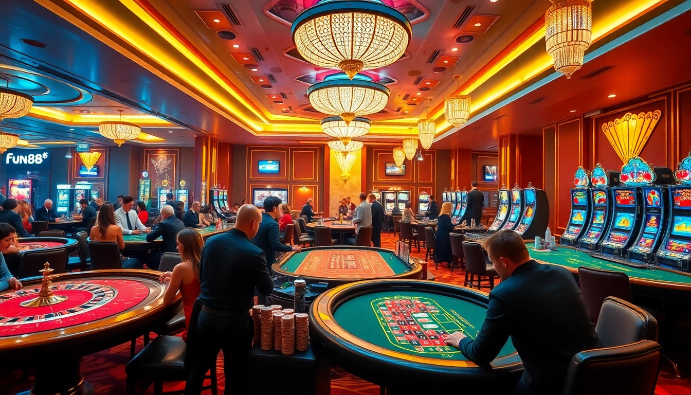 A vibrant casino scene capturing players enjoying a game of poker at fun88's upscale tables.