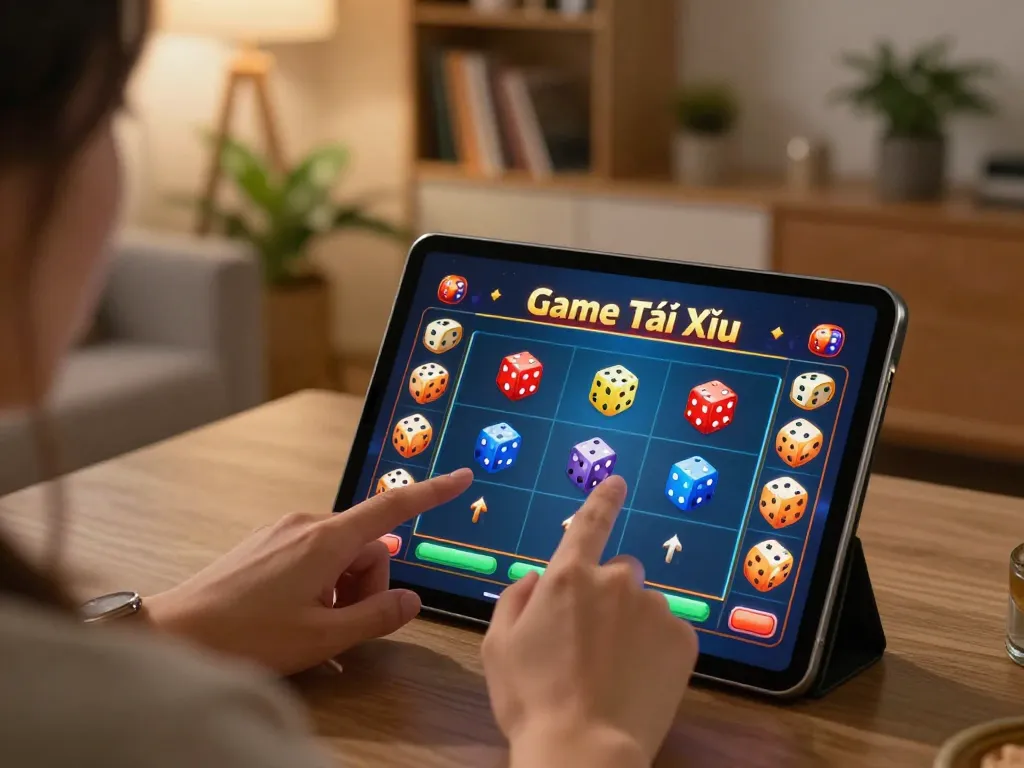 Engaging moment of Game Tài Xỉu online gameplay on tablet in cozy living room