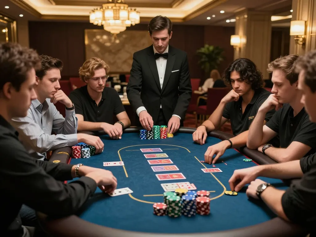 SX88 players engaging in an exciting poker game at a luxurious casino table, showcasing vibrant chips and community cards