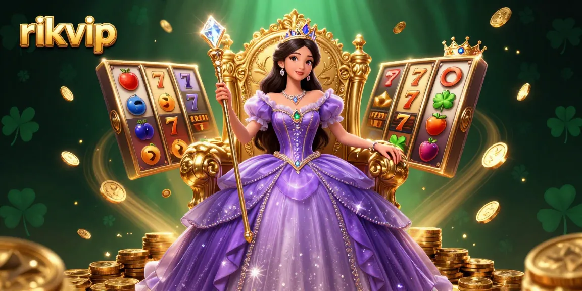 Engage with rikvip's exciting jackpot experience featuring dynamic slot reels, vibrant symbols, and royal elements.