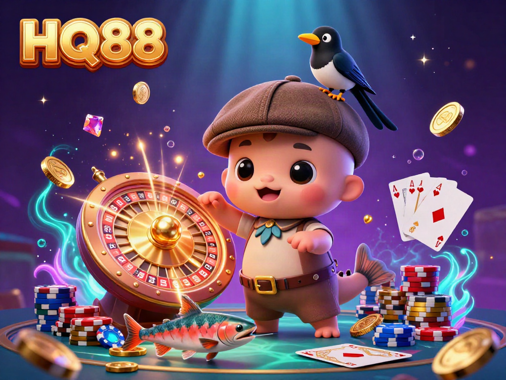 Experience the excitement of HQ88 with vibrant gambling icons and cartoon characters in a lively casino scene.