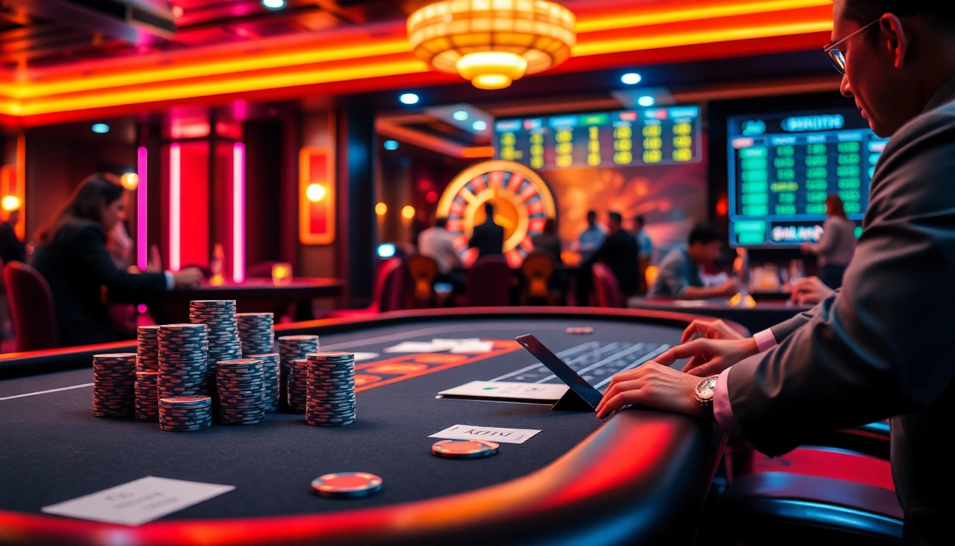 Action-packed casino scene showcasing players at the poker table, enhancing excitement for https://urr88.com/.