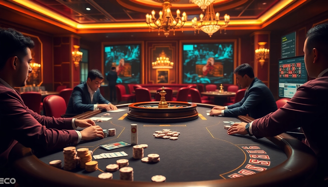 High-stakes poker players enjoying intense games at nk88 com's luxurious casino.
