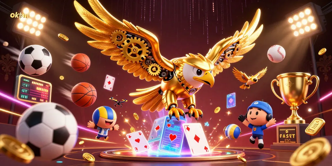 okfun's dynamic casino experience with a cybernetic eagle and sports elements in a vibrant 3D illustration