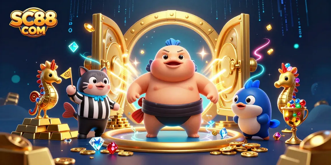 Win big at SC88 COM with thrilling 3D illustration of an underwater casino scene full of vibrant characters.