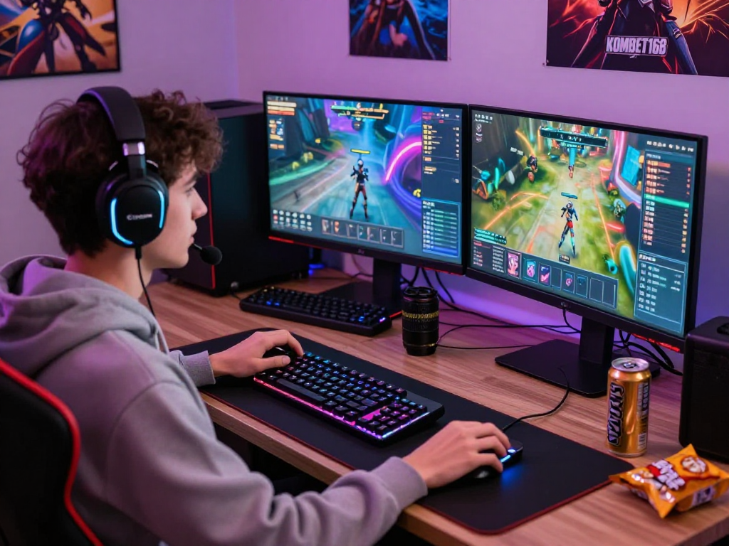 KOMBET168 gaming experience with a young adult immersed in digital gameplay, vibrant setup and accessories.